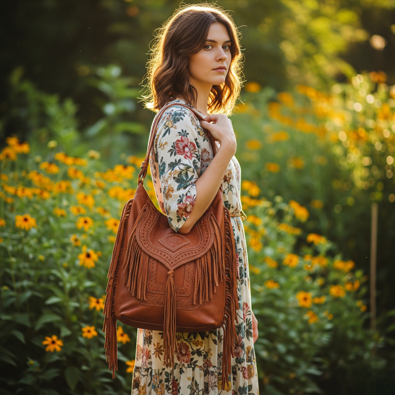 create a photo:  boho leather bag on woman