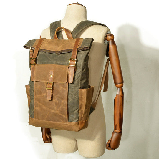 Stylish Men's Canvas Backpack with Padded Laptop Compartment - Leather Purse Backpack