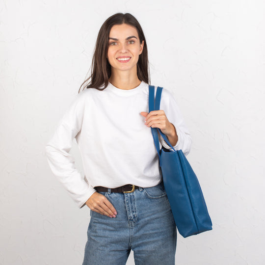 Blue pebbled leather tote bag with Button - Leather Purse Backpack