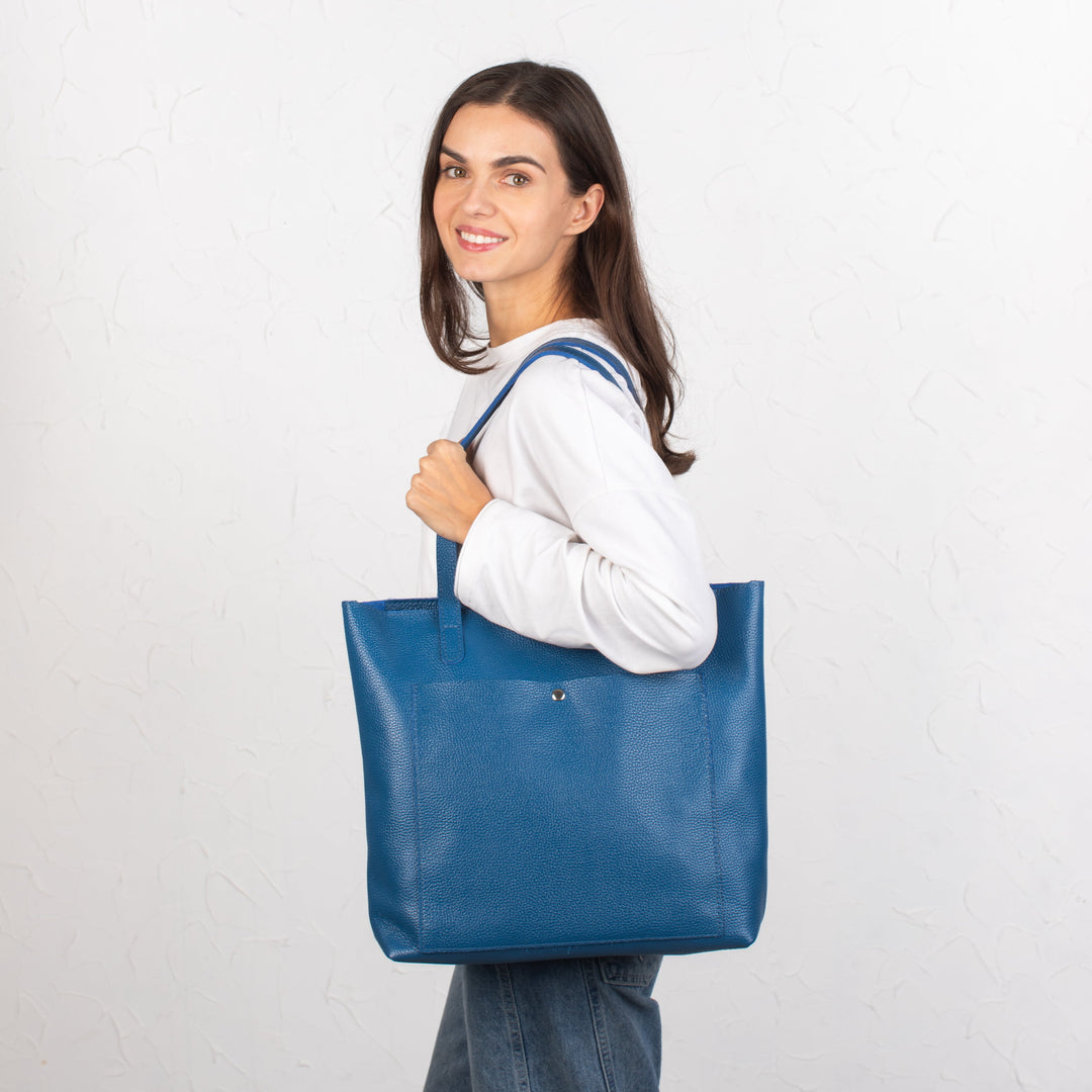 Blue pebbled leather tote bag with Button - Leather Purse Backpack