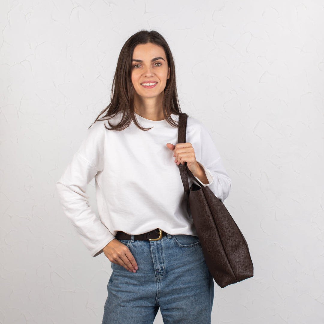 Dark Brown pebbled leather tote bag with Button - Leather Purse Backpack