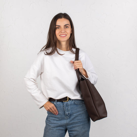 Dark Brown pebbled leather tote bag with Button - Leather Purse Backpack