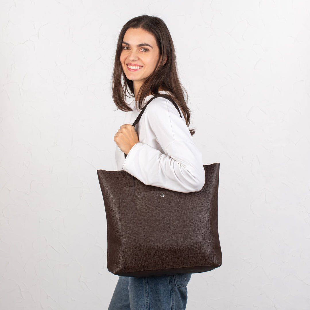 Dark Brown pebbled leather tote bag with Button - Leather Purse Backpack