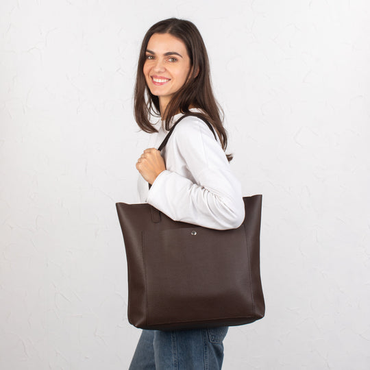 Dark Brown pebbled leather tote bag with Button - Leather Purse Backpack