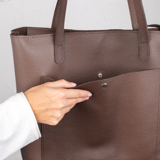 Dark Brown pebbled leather tote bag with Button - Leather Purse Backpack