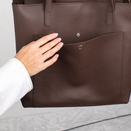 Dark Brown pebbled leather tote bag with Button - Leather Purse Backpack
