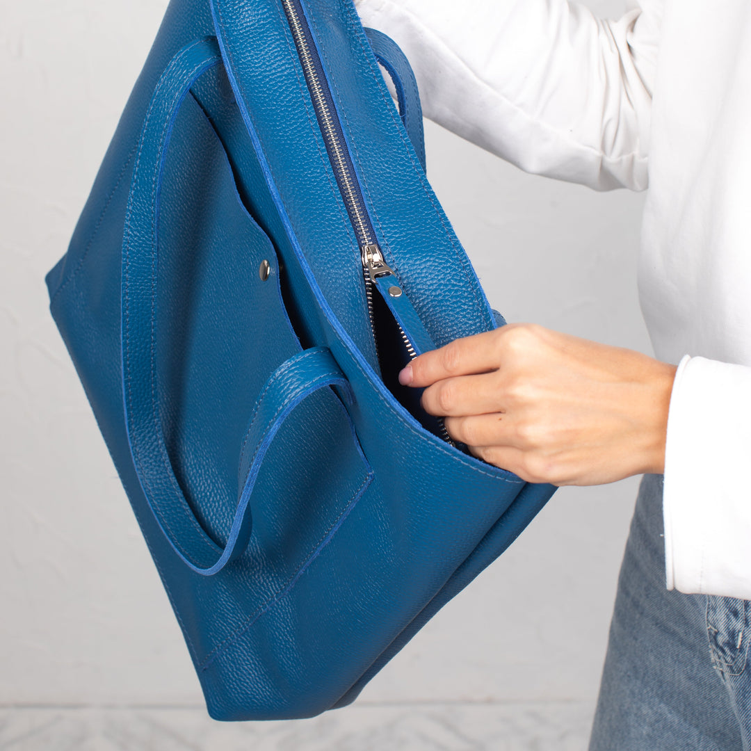Blue pebbled leather tote bag with Button - Leather Purse Backpack