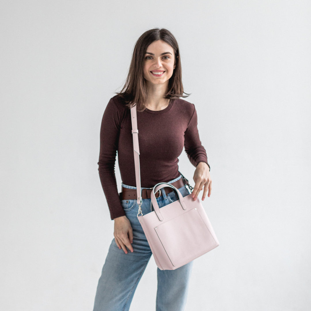 Rose/Black double face leather mini tote bag - Leather Purse Backpack