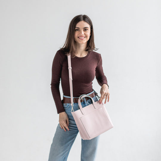 Rose/Black double face leather mini tote bag - Leather Purse Backpack