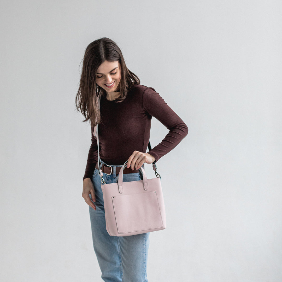 Rose/Black double face leather mini tote bag - Leather Purse Backpack