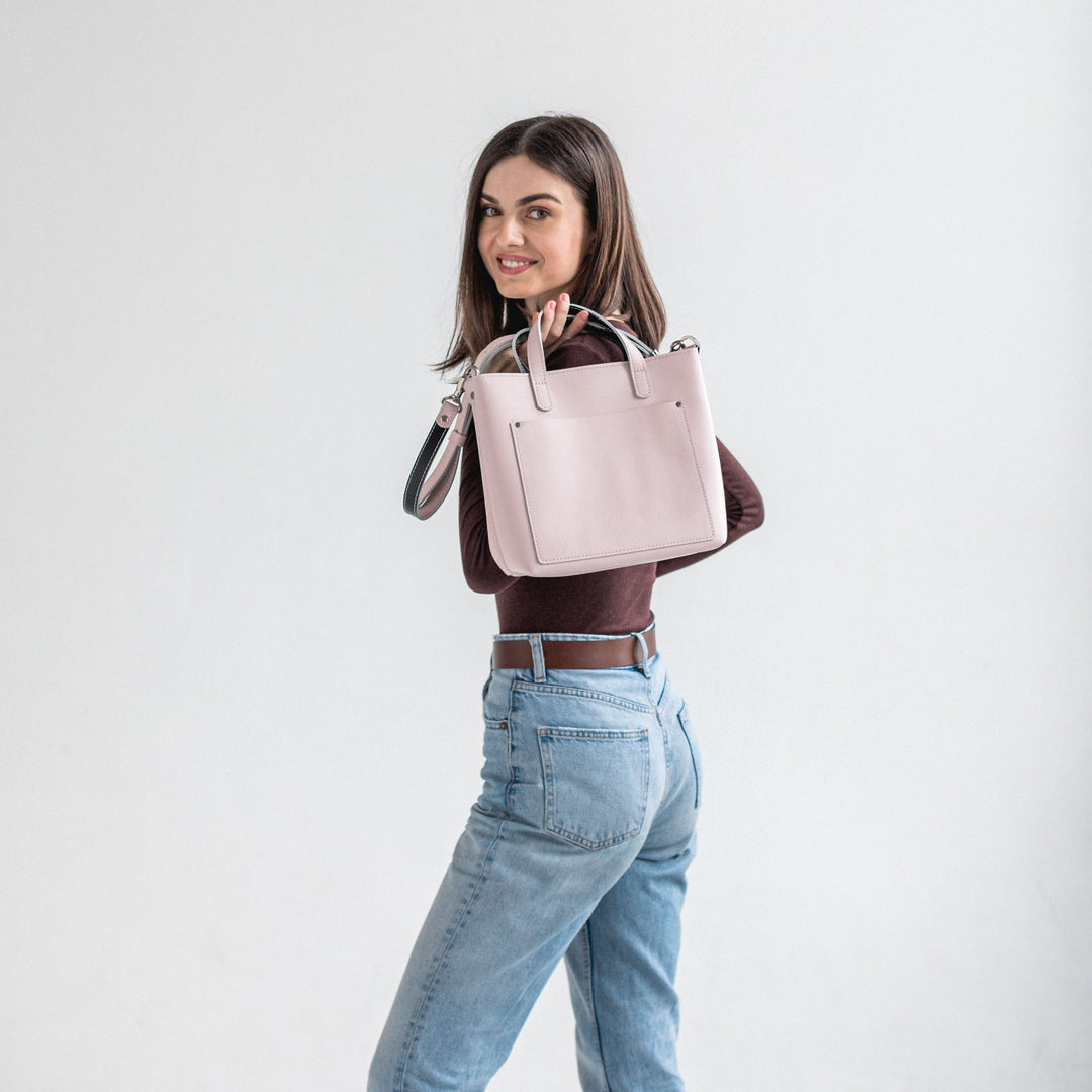 Rose/Black double face leather mini tote bag - Leather Purse Backpack