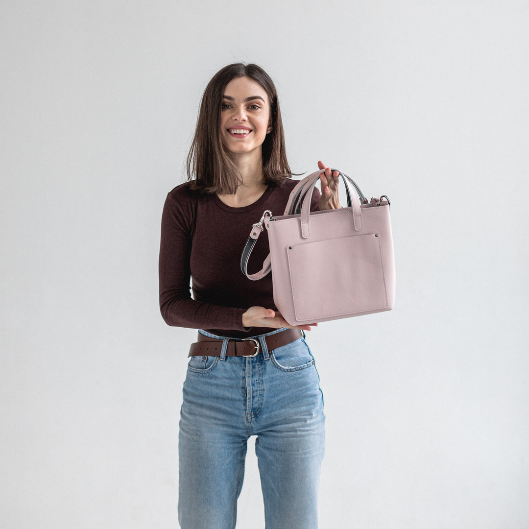 Rose/Black double face leather mini tote bag - Leather Purse Backpack