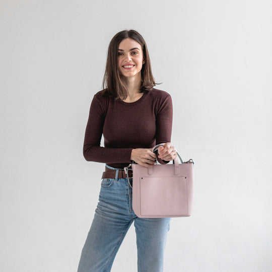 Rose/Black double face leather mini tote bag - Leather Purse Backpack