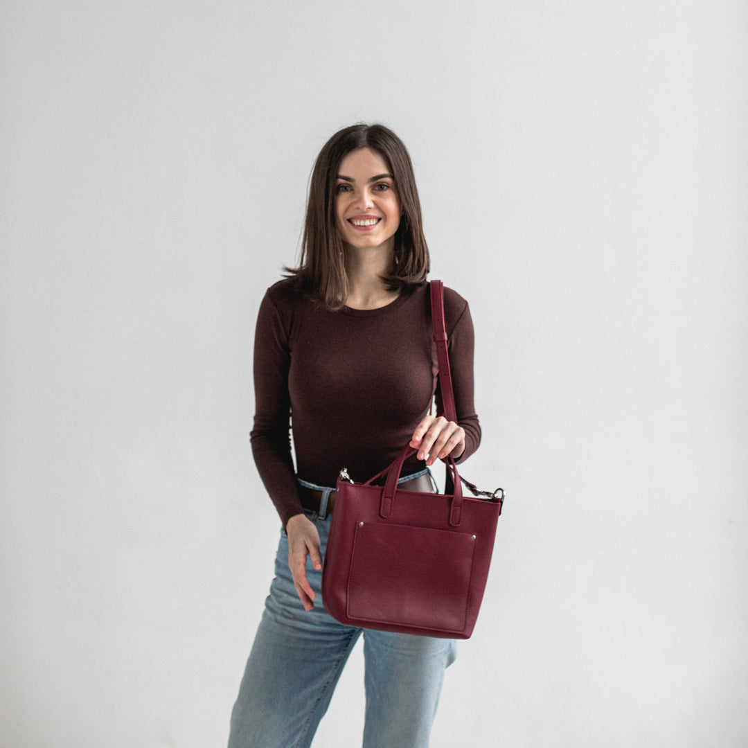 Burgundy double face leather mini tote bag - Leather Purse Backpack