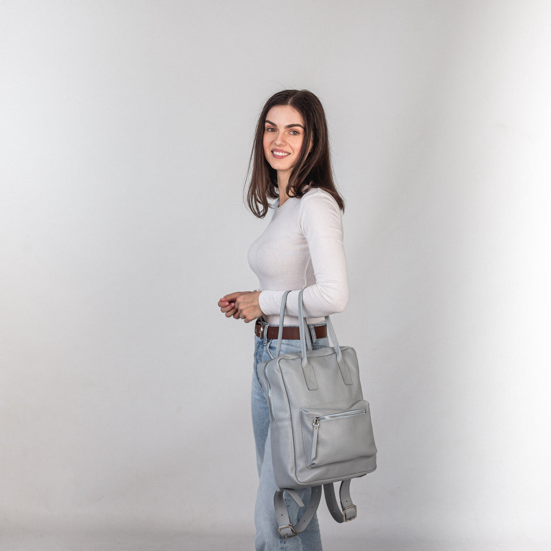 Light Gray pebbled leather city backpack - Leather Purse Backpack