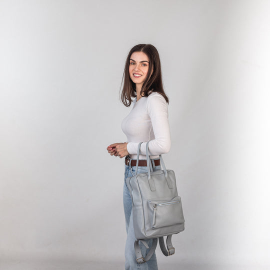 Light Gray pebbled leather city backpack - Leather Purse Backpack