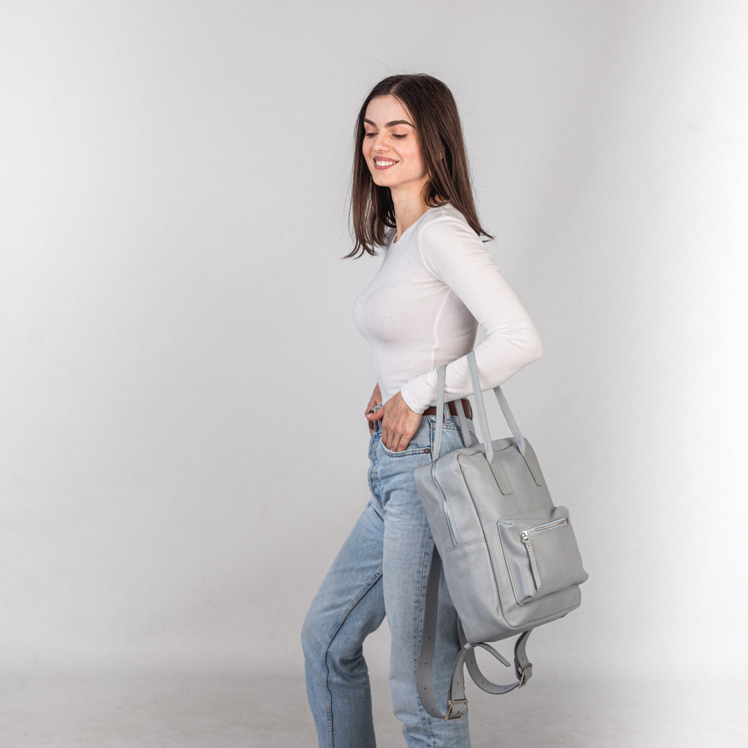 Light Gray pebbled leather city backpack - Leather Purse Backpack