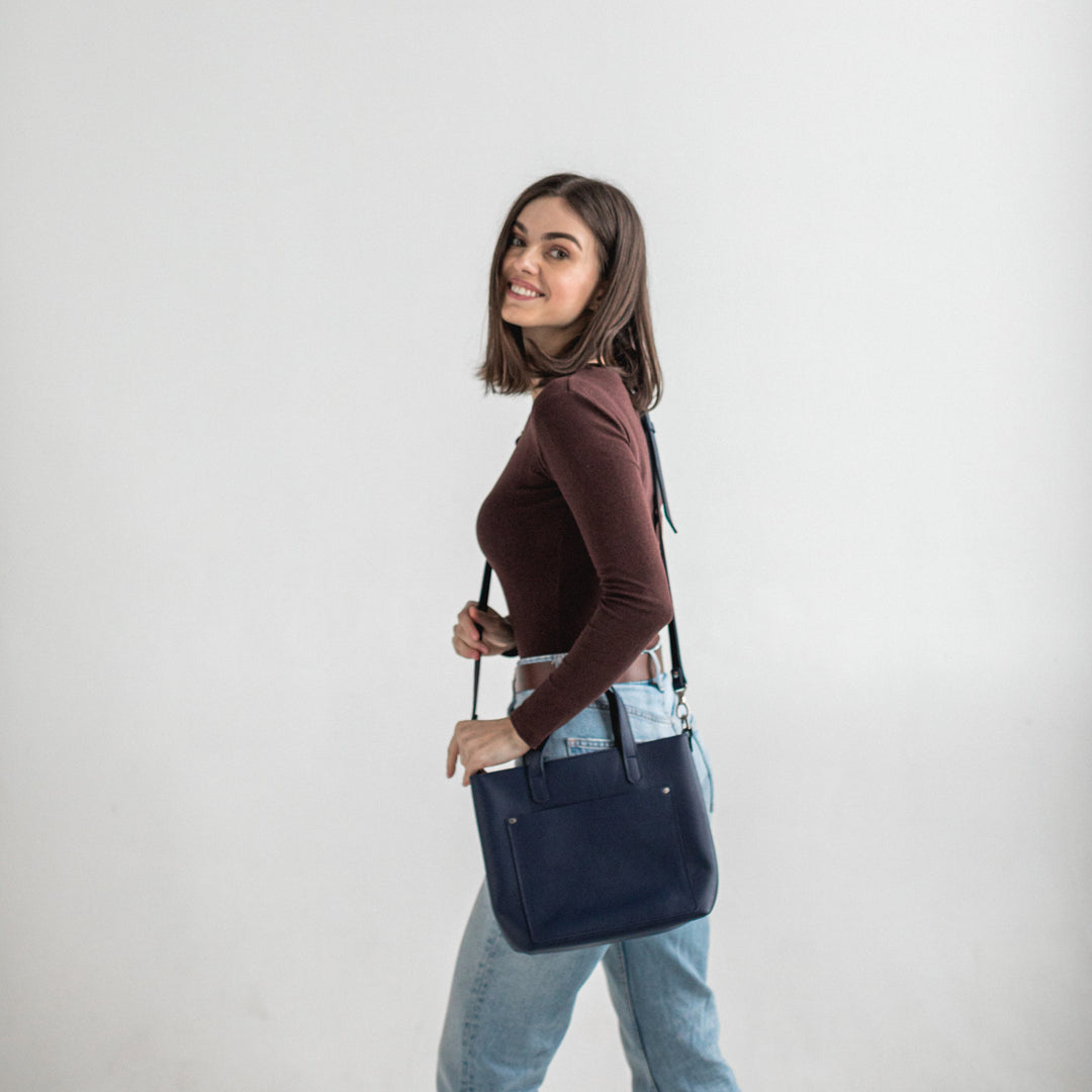 Navy Blue double face leather mini tote bag - Leather Purse Backpack