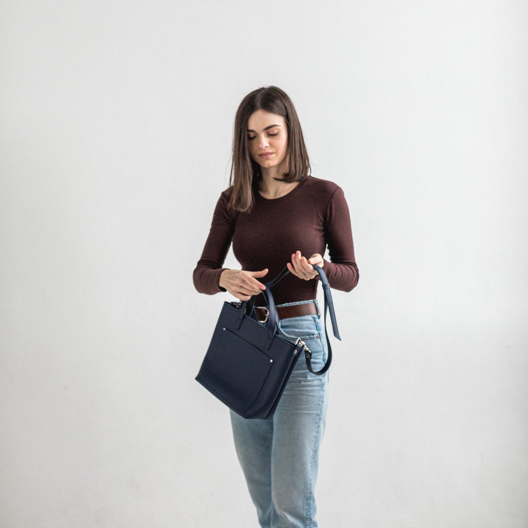Navy Blue double face leather mini tote bag - Leather Purse Backpack