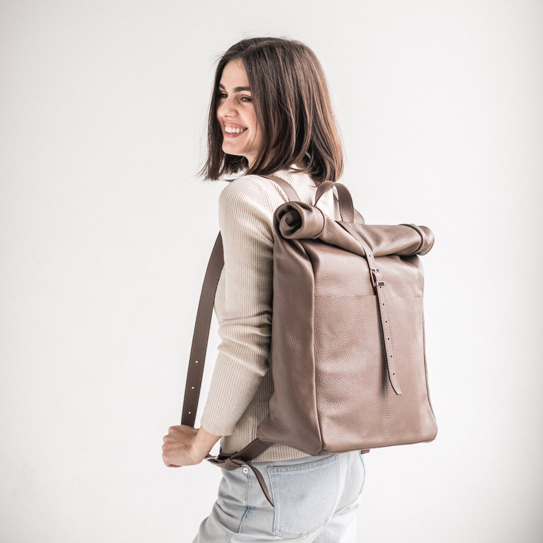 Latte pebbled leather roll-top backpack - Leather Purse Backpack