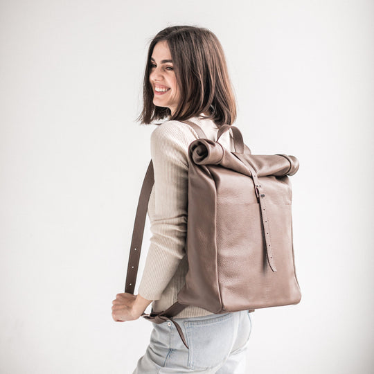 Latte pebbled leather roll-top backpack - Leather Purse Backpack