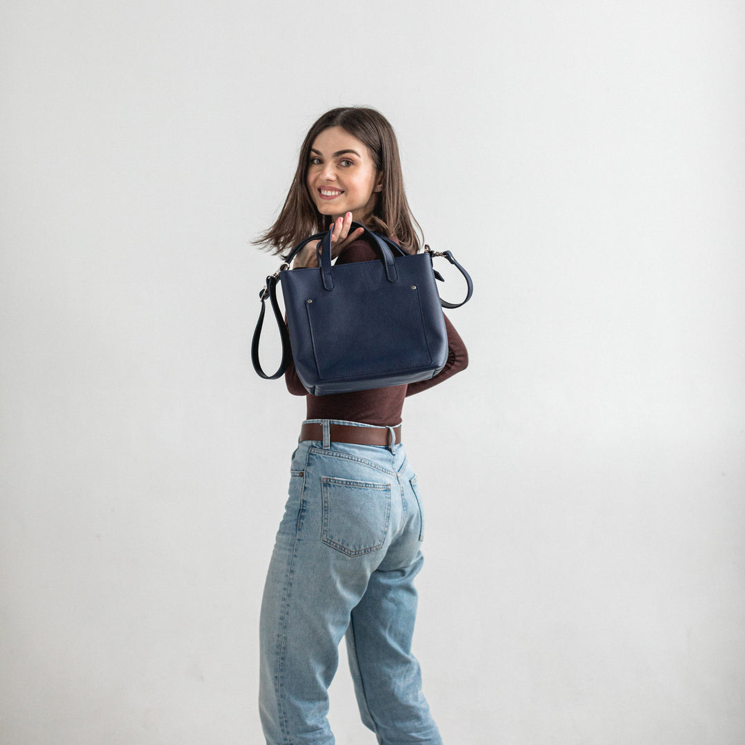 Navy Blue double face leather mini tote bag - Leather Purse Backpack