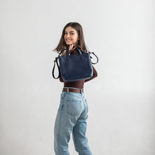 Navy Blue double face leather mini tote bag - Leather Purse Backpack