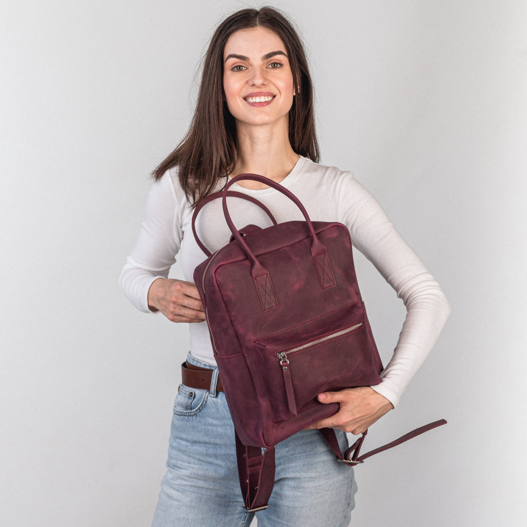 Burgundy leather city backpack - Leather Purse Backpack