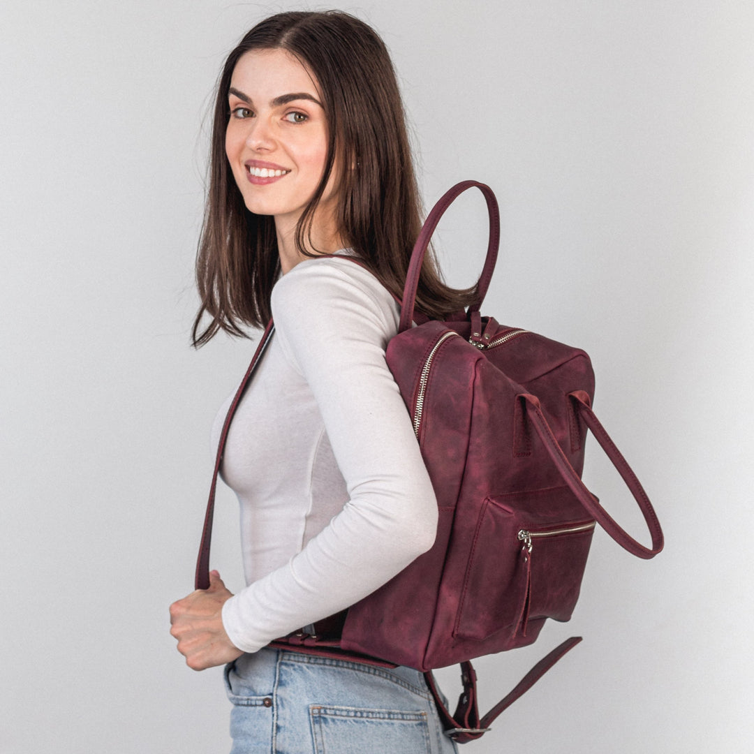 Burgundy leather city backpack - Leather Purse Backpack