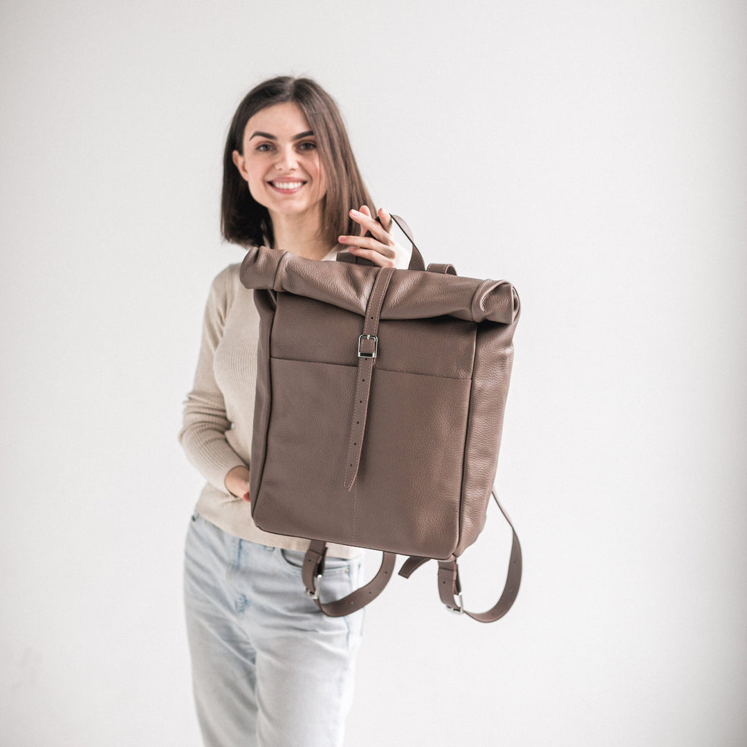 Latte pebbled leather roll-top backpack - Leather Purse Backpack