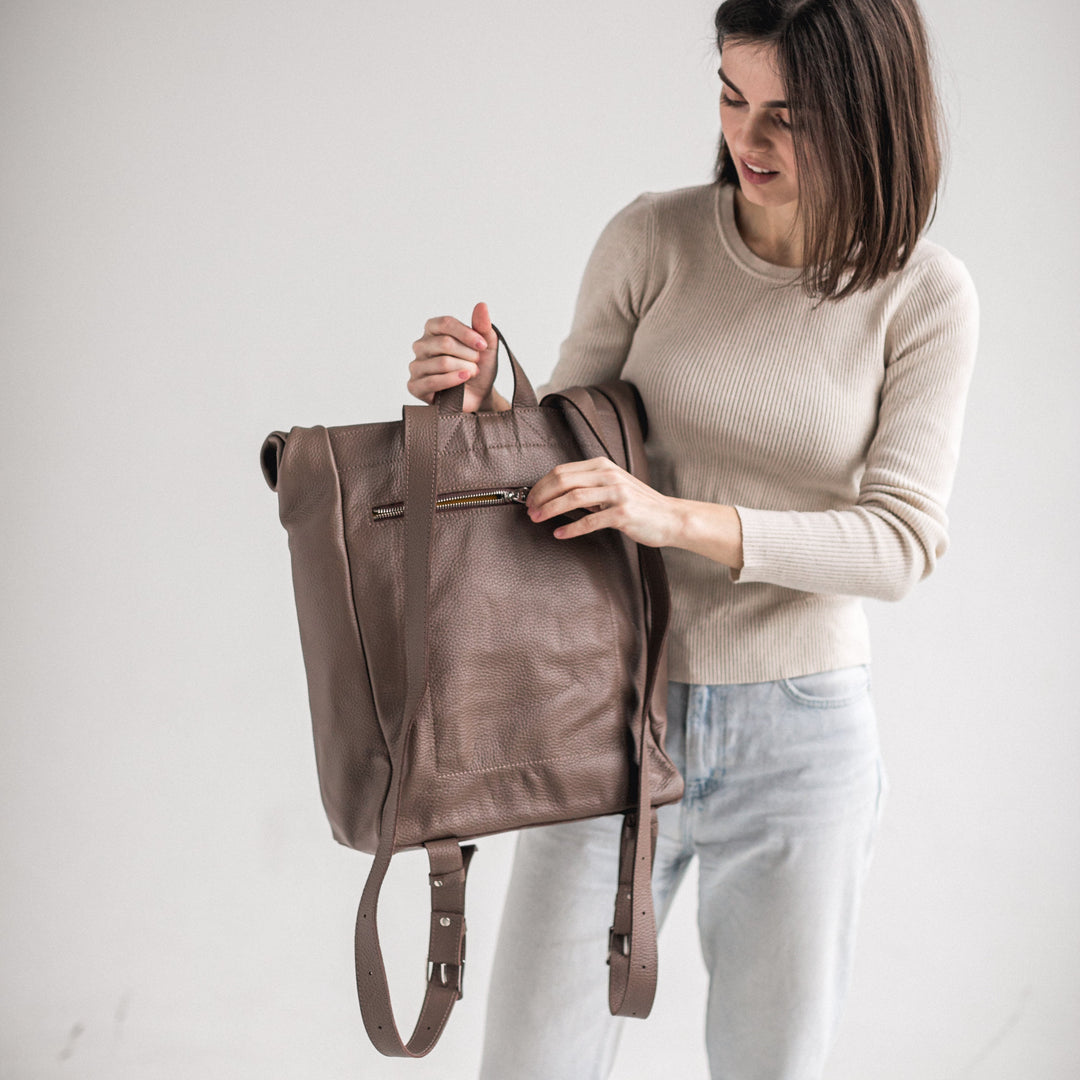 Latte pebbled leather roll-top backpack - Leather Purse Backpack