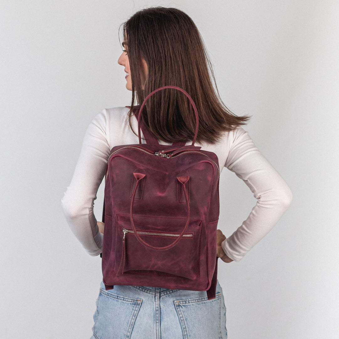 Burgundy leather city backpack - Leather Purse Backpack