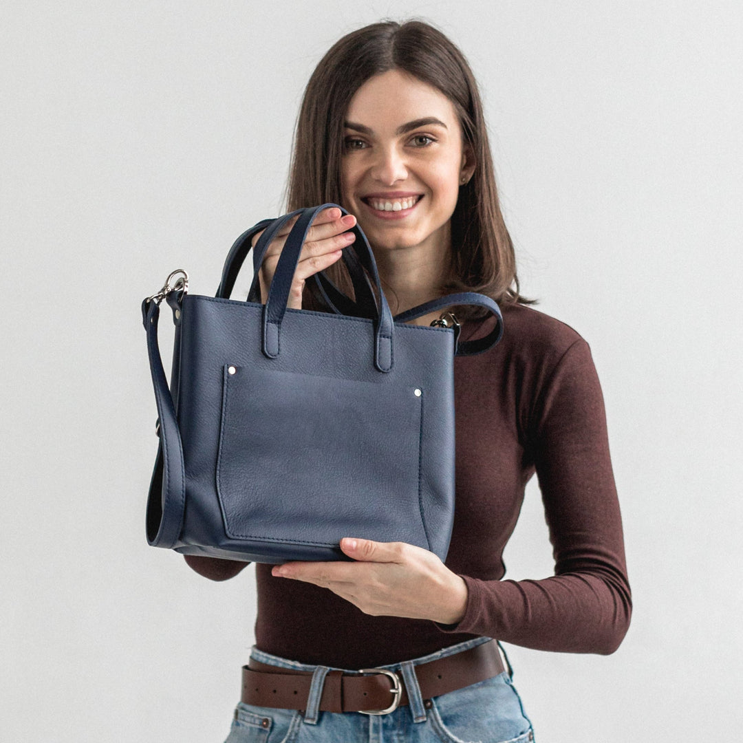 Navy Blue double face leather mini tote bag - Leather Purse Backpack