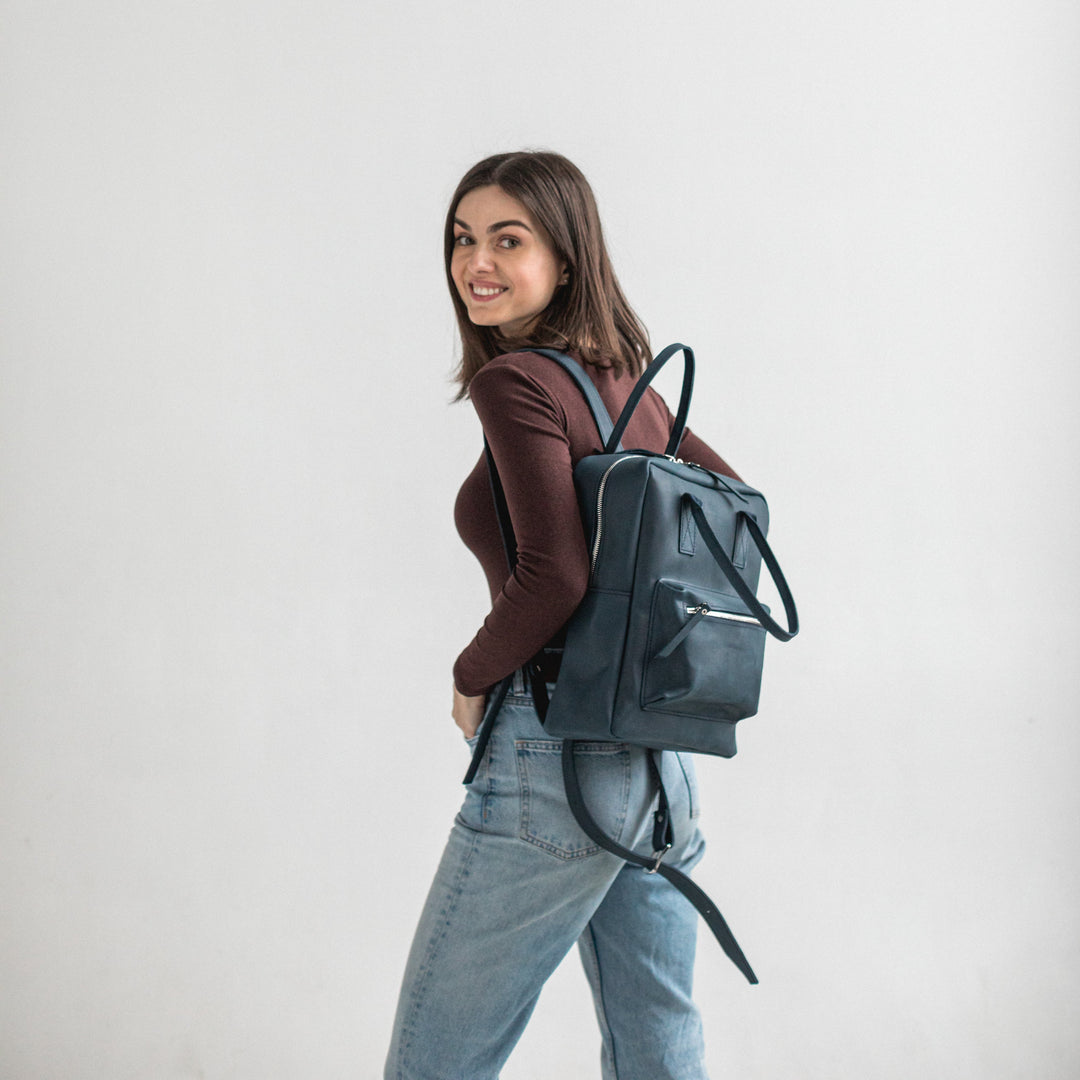 Navy blue leather city backpack - Leather Purse Backpack