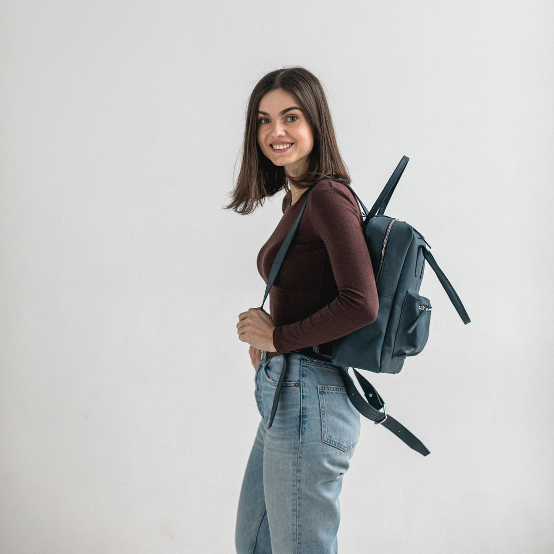 Navy blue leather city backpack - Leather Purse Backpack