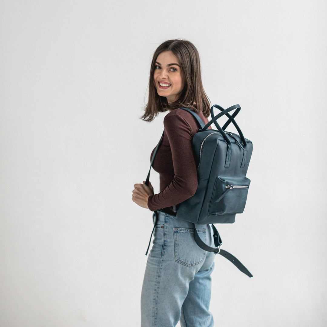 Navy blue leather city backpack - Leather Purse Backpack