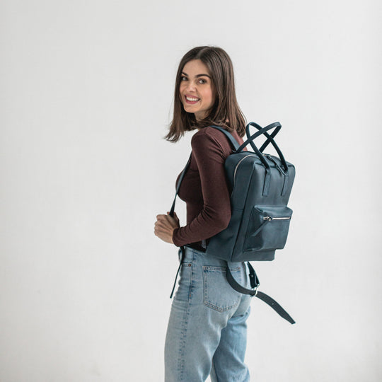 Navy blue leather city backpack - Leather Purse Backpack