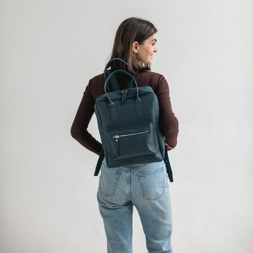 Navy blue leather city backpack - Leather Purse Backpack