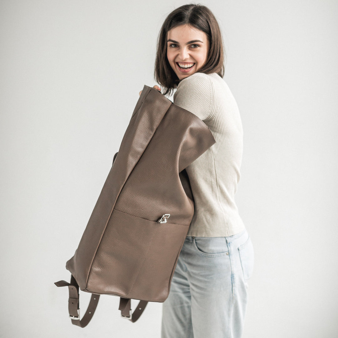 Latte pebbled leather roll-top backpack - Leather Purse Backpack