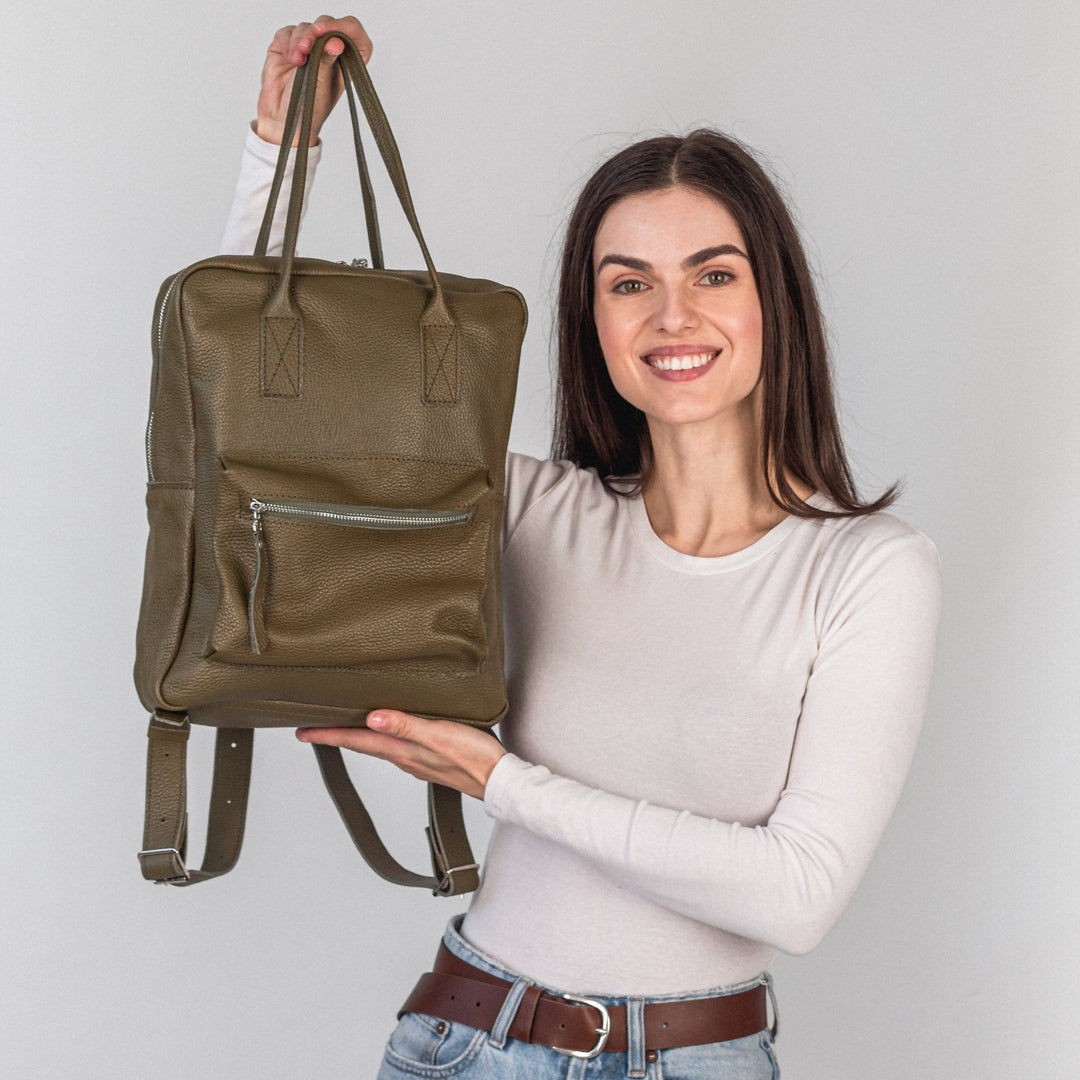 Olive pebbled  leather city backpack - Leather Purse Backpack