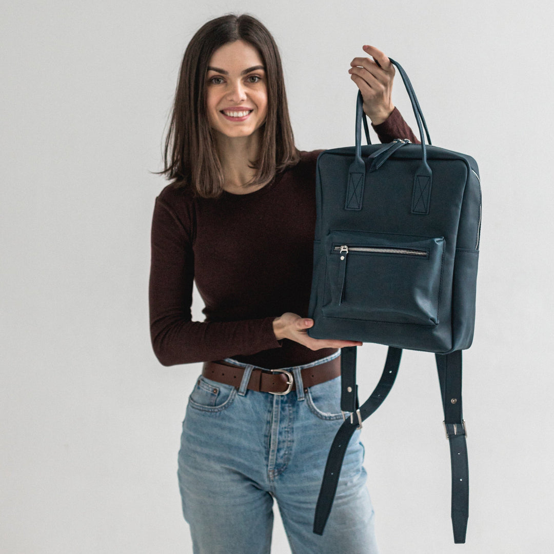 Navy blue leather city backpack - Leather Purse Backpack