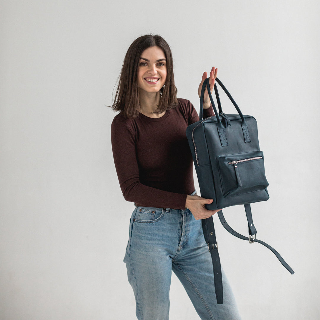 Navy blue leather city backpack - Leather Purse Backpack