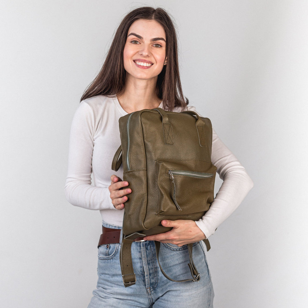 Olive pebbled  leather city backpack - Leather Purse Backpack