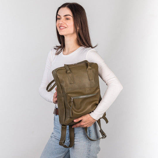 Olive pebbled  leather city backpack - Leather Purse Backpack