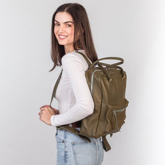 Olive pebbled  leather city backpack - Leather Purse Backpack