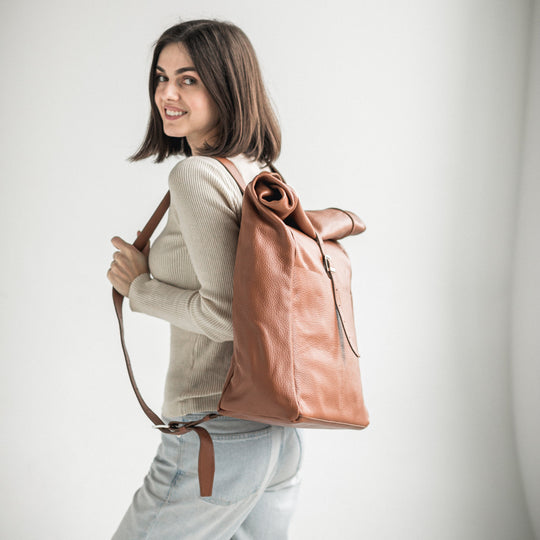 Brown pebbled leather roll-top backpack - Leather Purse Backpack