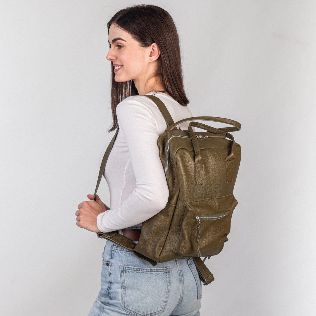 Olive pebbled  leather city backpack - Leather Purse Backpack
