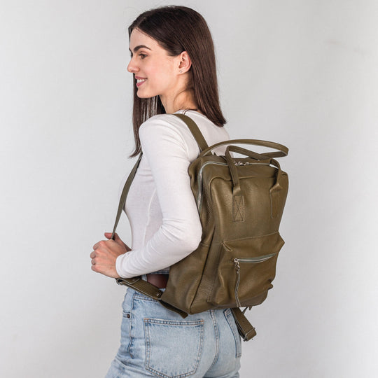 Olive pebbled  leather city backpack - Leather Purse Backpack