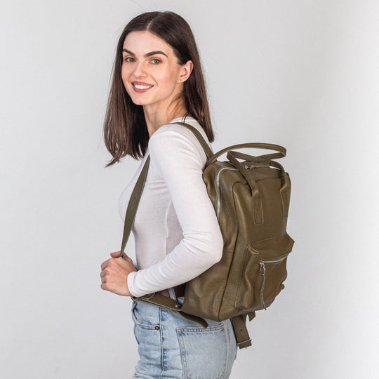 Olive pebbled  leather city backpack - Leather Purse Backpack