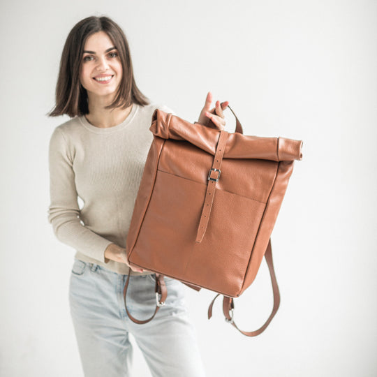 Brown pebbled leather roll-top backpack - Leather Purse Backpack